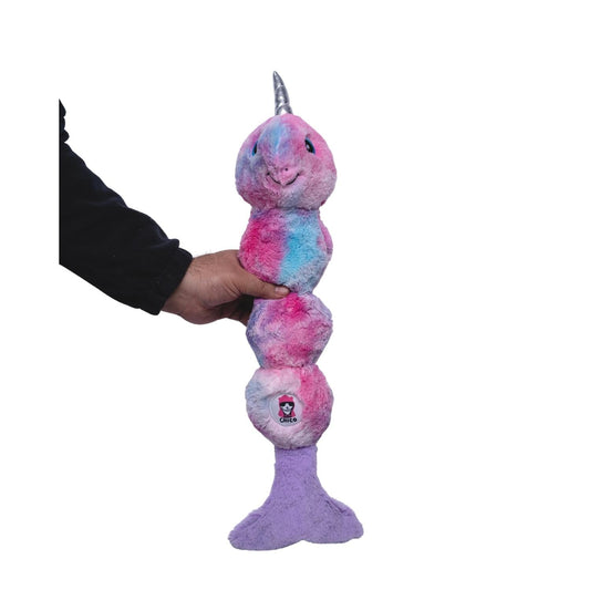 Mainan Anjing Mewah Tie Dye Skinny Narwhal Makhluk Ajaib – dengan Squeaker & Kertas Berkerut untuk Bermain Seru