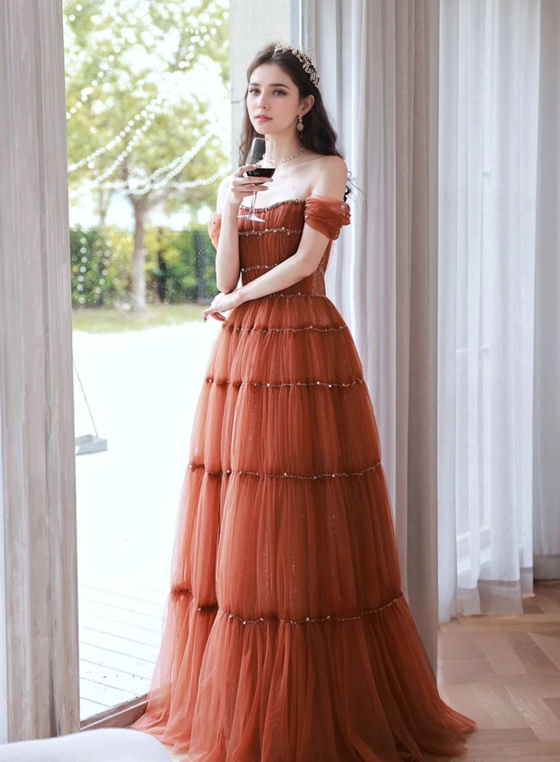 Tiered Tulle Off-Shoulder Gown with Crystal Beading - Toro Bros
