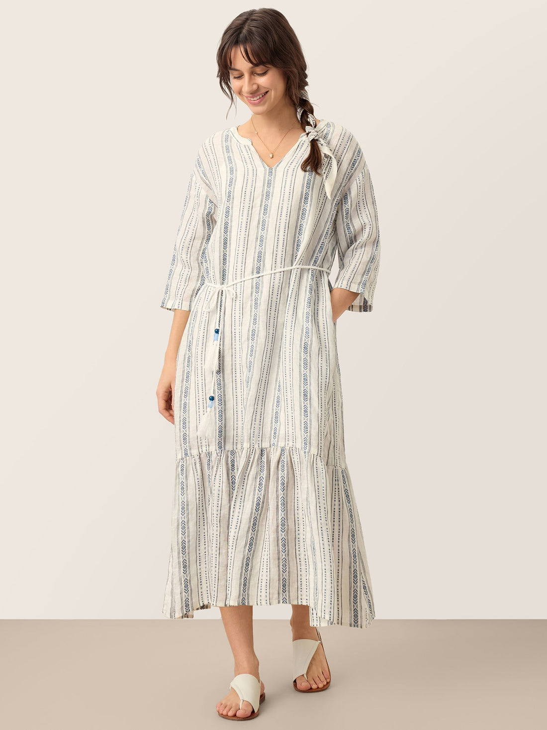 MARLOWE Linen Tribal Stripe Bohemian Ruffle Midi Dress with Woven Belt