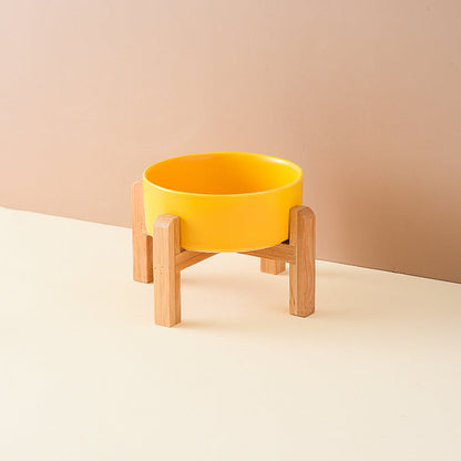 Pet Anti Rollover Ceramic With High Bamboo And Wood Frame Bowl