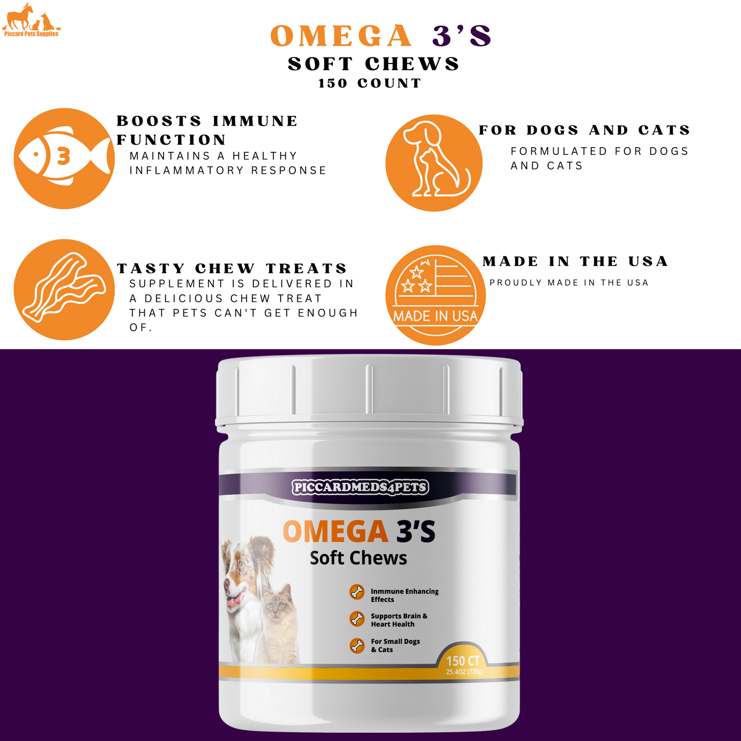 PiccardMeds4pets Kunyahan Lunak Omega-3 Kulit dan Bulu untuk Anjing Kecil dan Kucing 150ct