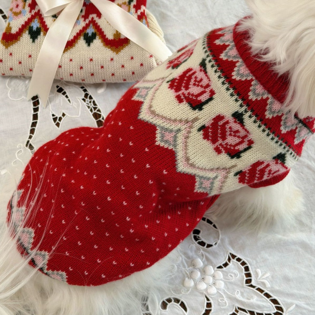 Retro Pet Sweater With New Year Roses Pattern