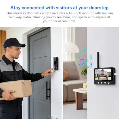 Daxadripo Wireless Doorbell Camera Video Monitor with Display 4.5" Screen Indoor Visual Base Station, Two Way Talk, Smart AI Motion Detection, Night Vision, Cloud Storage.