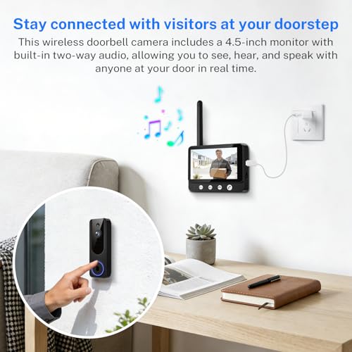 Daxadripo Wireless Doorbell Camera Video Monitor with Display 4.5" Screen Indoor Visual Base Station, Two Way Talk, Smart AI Motion Detection, Night Vision, Cloud Storage.