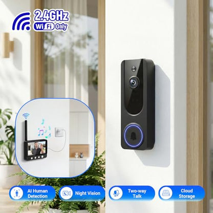 Daxadripo Wireless Doorbell Camera Video Monitor with Display 4.5" Screen Indoor Visual Base Station, Two Way Talk, Smart AI Motion Detection, Night Vision, Cloud Storage.