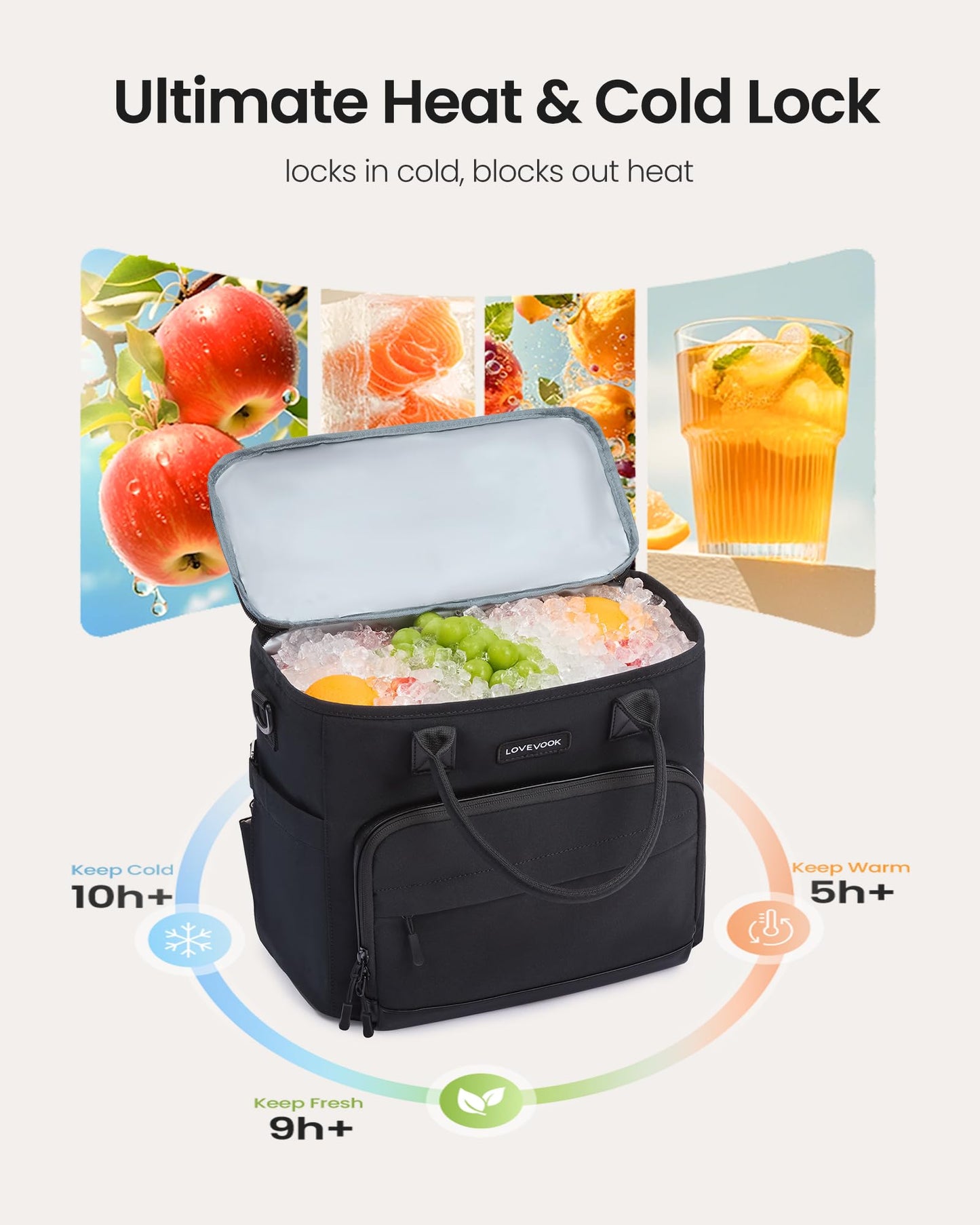 LOVEVOOK Insulated Lunch Box for Women, Leak-Proof Cooler Lunch Bag with Front Pockets, Adjustable Strap, Ideal for for Office, Work & Picnic