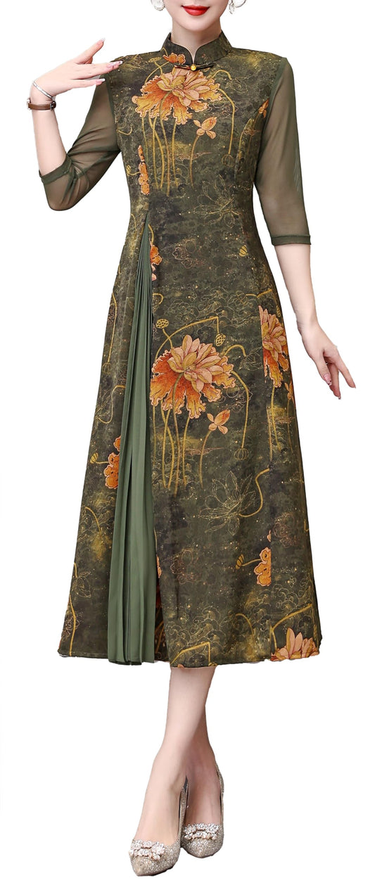 DOVWOER Women's Cheongsam High Neck 3/4 Sleeves Mesh Patchwork Print Retro Midi Dress