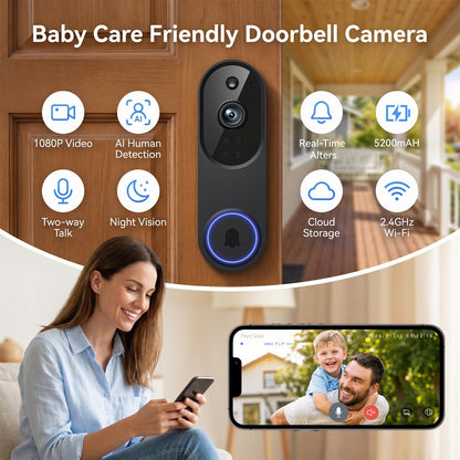 Safemogulix Video Doorbell Camera, Wireless Security Camera, 1080p, Battery Powered, AI Motion Detection, Night Vision, Two-Way Audio, Cloud Storage, 2.4 GWi-Fi, for Visitor, Baby Monitor