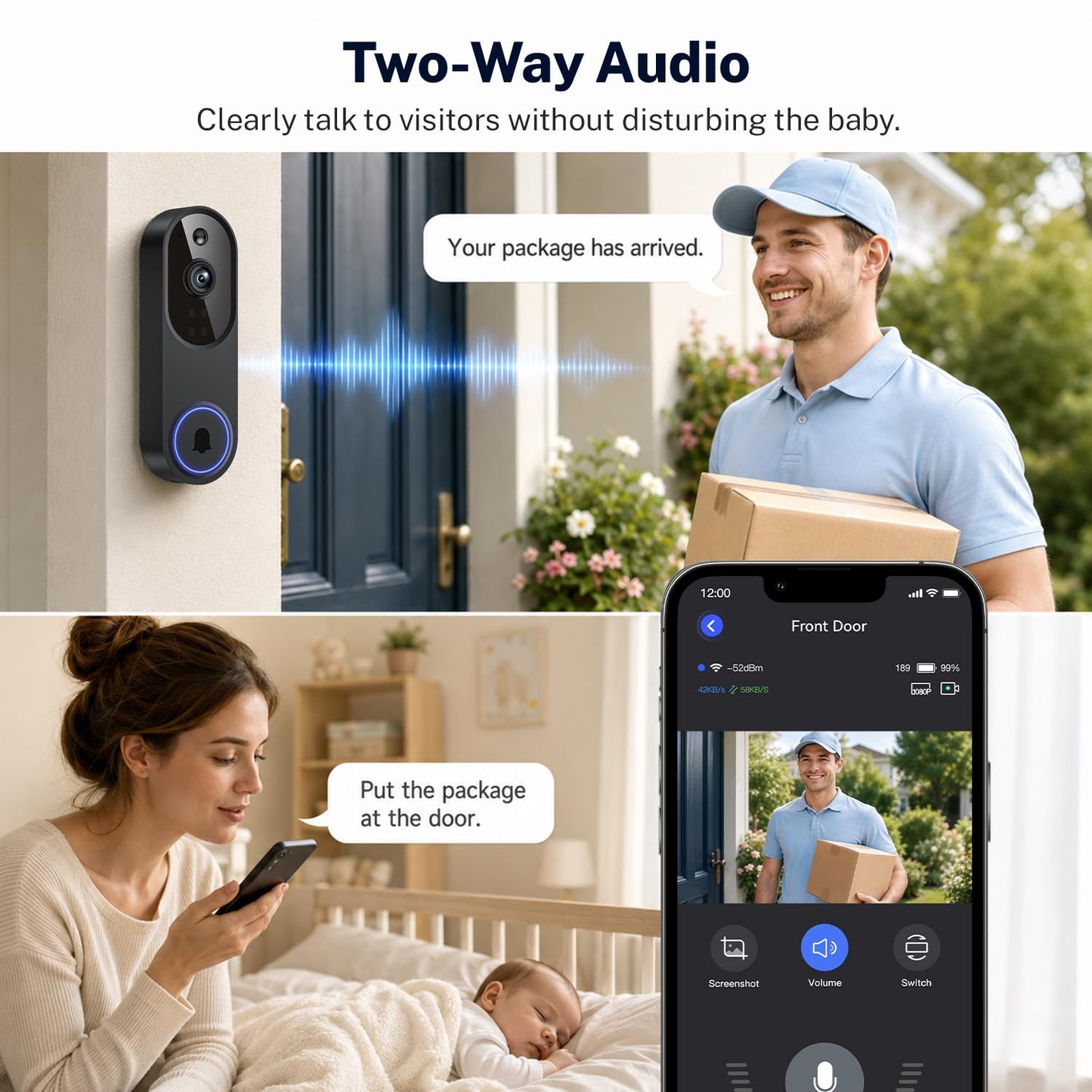 Safemogulix Video Doorbell Camera, Wireless Security Camera, 1080p, Battery Powered, AI Motion Detection, Night Vision, Two-Way Audio, Cloud Storage, 2.4 GWi-Fi, for Visitor, Baby Monitor
