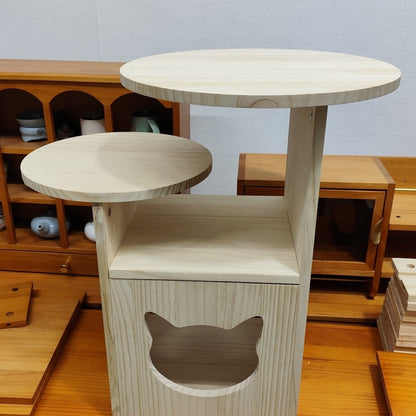 Solid Wood Nightstand Pine Cat Bed Storage Cabinet Side Cabinet Log-Style Home Pet Item