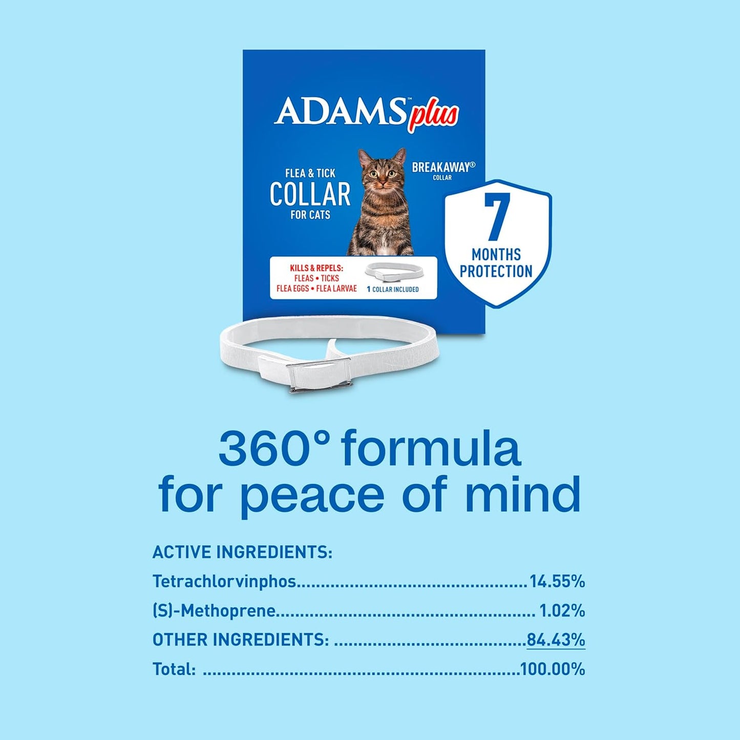 Adams Plus Flea & Tick Collar for Cats Water-Resistant Up to 7 Months Protection 2PCK