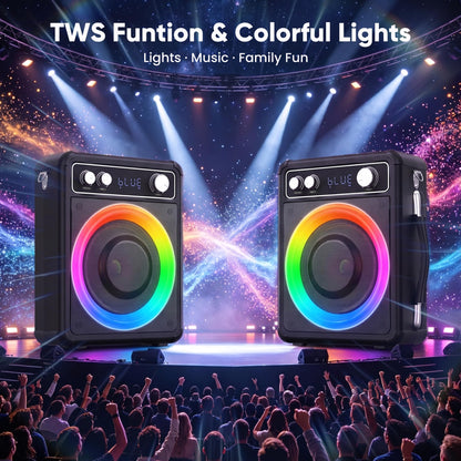 VOSOCO Karaoke Machine, Portable Bluetooth Speaker with 2 Wireless Microphones, PA System for Adults Kids with LED Lights, Supports TWS/FM/AUX/USB/TF for Home Party