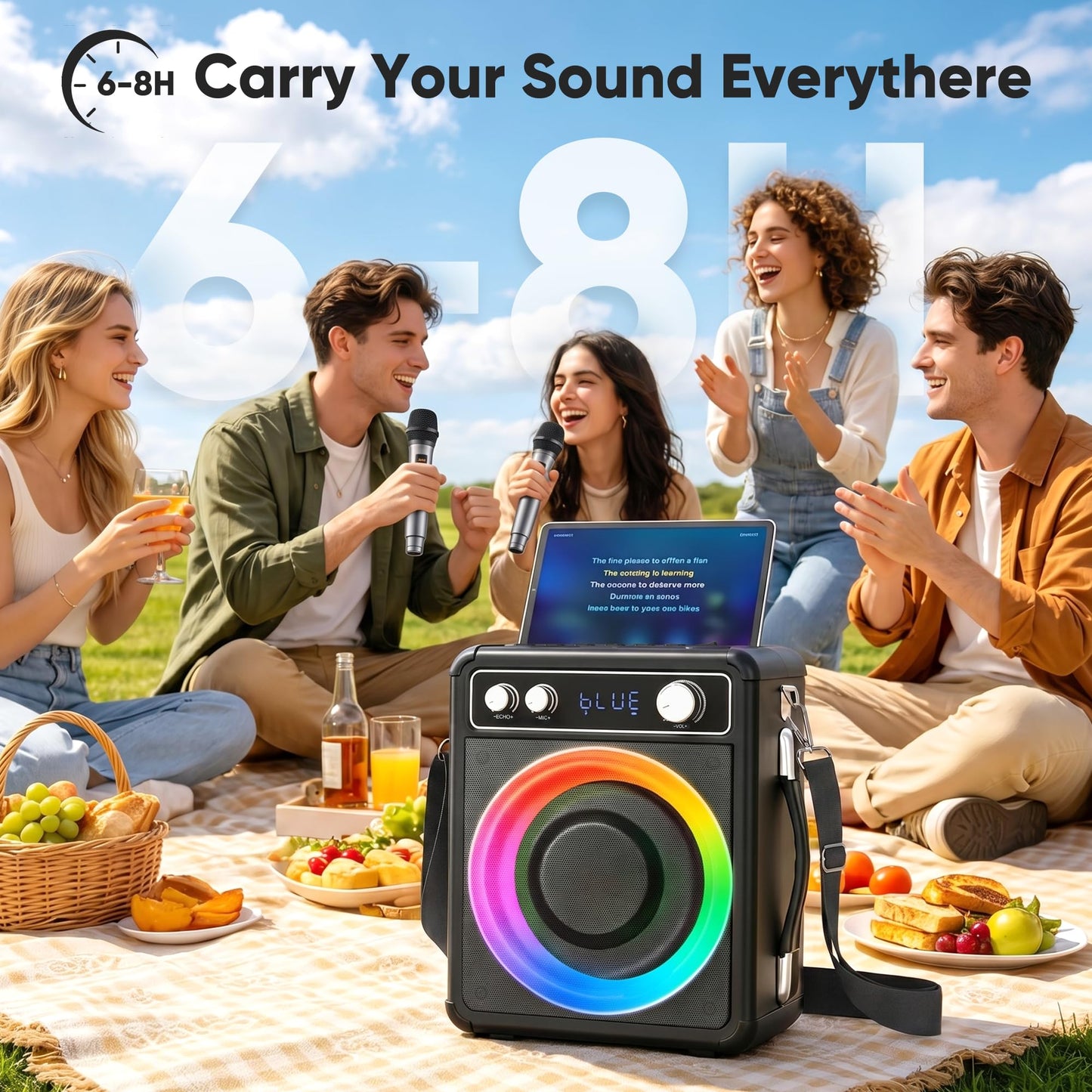 VOSOCO Karaoke Machine, Portable Bluetooth Speaker with 2 Wireless Microphones, PA System for Adults Kids with LED Lights, Supports TWS/FM/AUX/USB/TF for Home Party