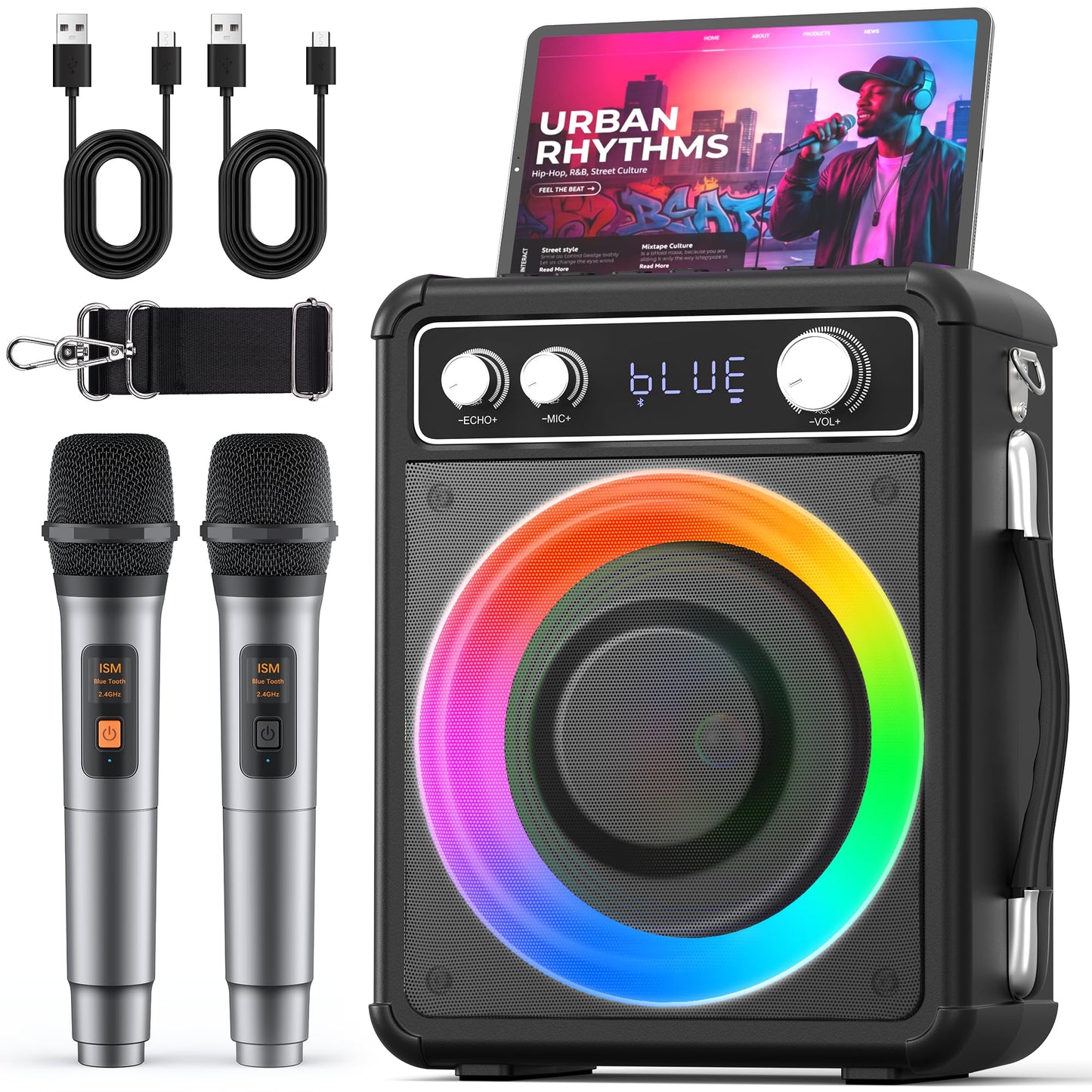 VOSOCO Karaoke Machine, Portable Bluetooth Speaker with 2 Wireless Microphones, PA System for Adults Kids with LED Lights, Supports TWS/FM/AUX/USB/TF for Home Party