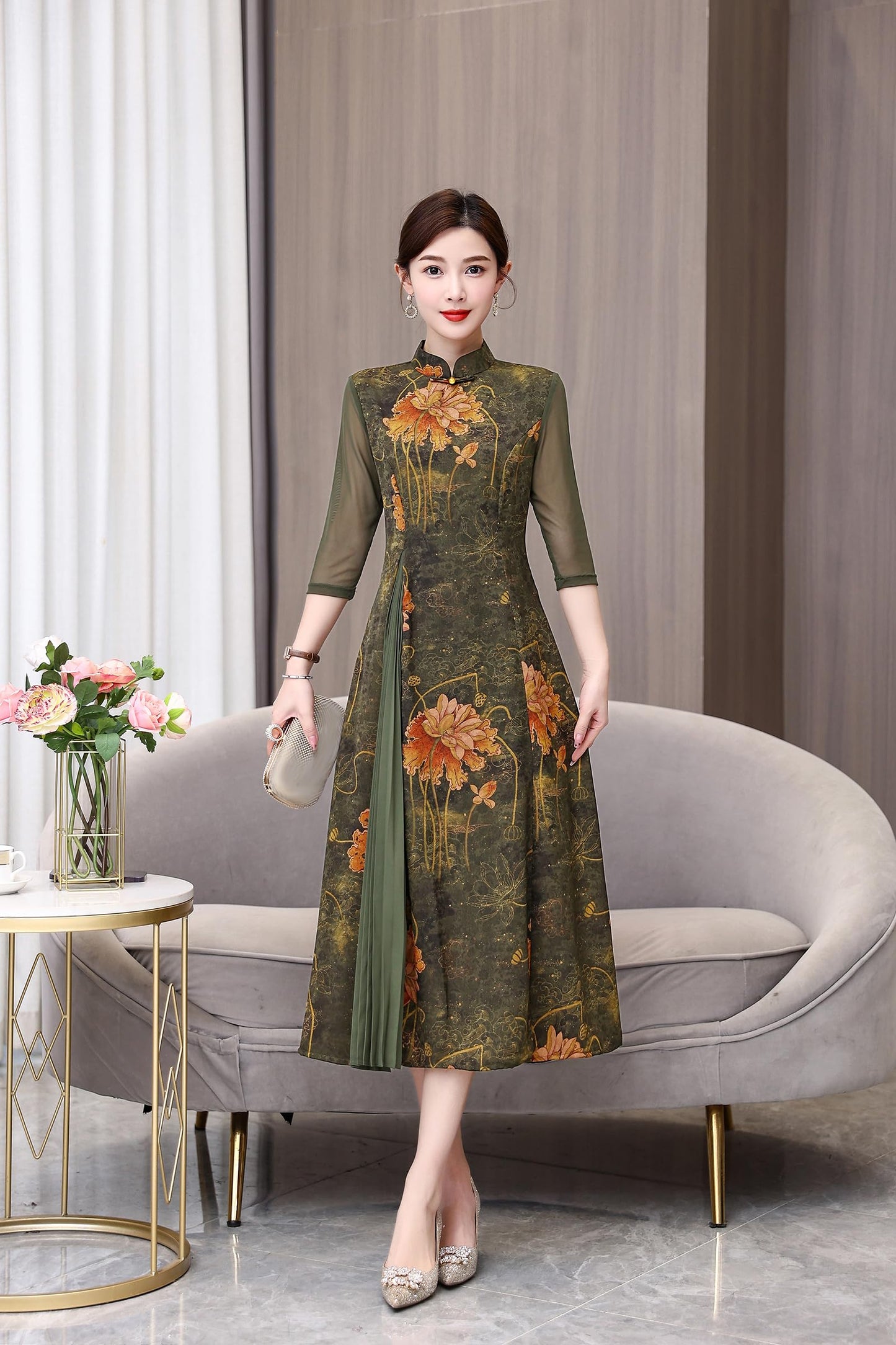 DOVWOER Women's Cheongsam High Neck 3/4 Sleeves Mesh Patchwork Print Retro Midi Dress