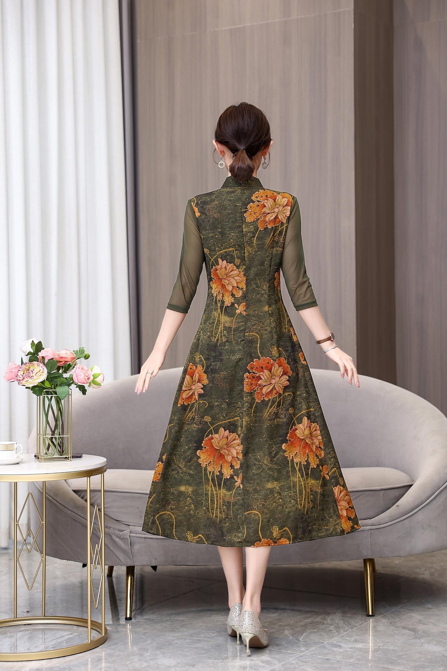 DOVWOER Women's Cheongsam High Neck 3/4 Sleeves Mesh Patchwork Print Retro Midi Dress