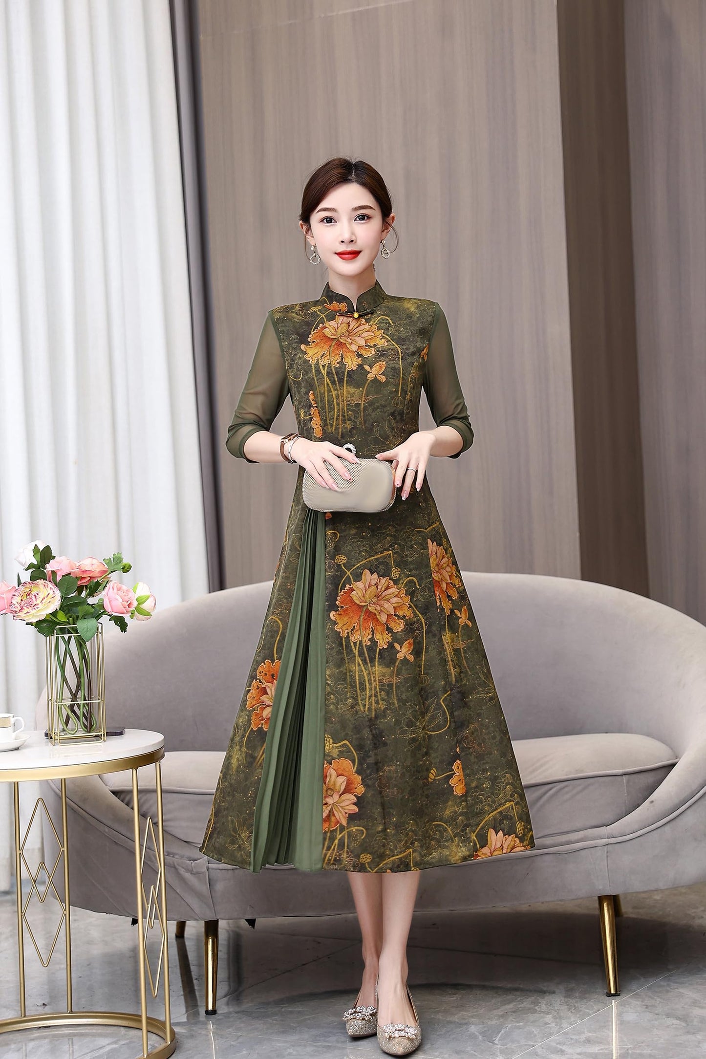DOVWOER Women's Cheongsam High Neck 3/4 Sleeves Mesh Patchwork Print Retro Midi Dress
