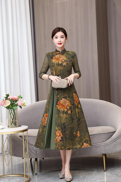 DOVWOER Women's Cheongsam High Neck 3/4 Sleeves Mesh Patchwork Print Retro Midi Dress