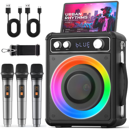 VOSOCO Karaoke Machine, Portable Bluetooth Speaker with 2 Wireless Microphones, PA System for Adults Kids with LED Lights, Supports TWS/FM/AUX/USB/TF for Home Party