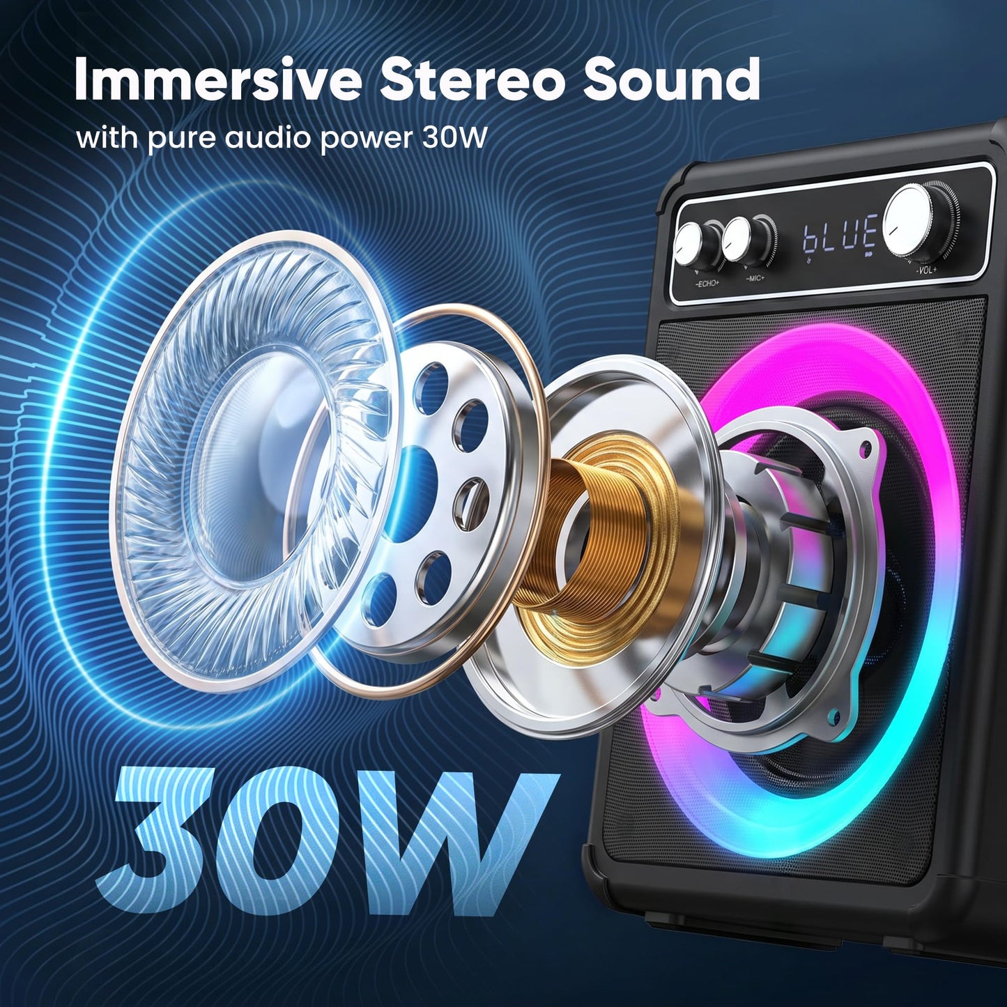 VOSOCO Karaoke Machine, Portable Bluetooth Speaker with 2 Wireless Microphones, PA System for Adults Kids with LED Lights, Supports TWS/FM/AUX/USB/TF for Home Party