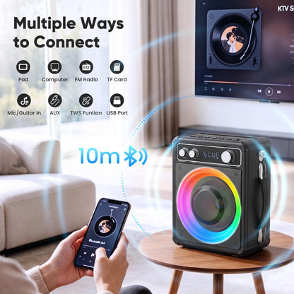 VOSOCO Karaoke Machine, Portable Bluetooth Speaker with 2 Wireless Microphones, PA System for Adults Kids with LED Lights, Supports TWS/FM/AUX/USB/TF for Home Party