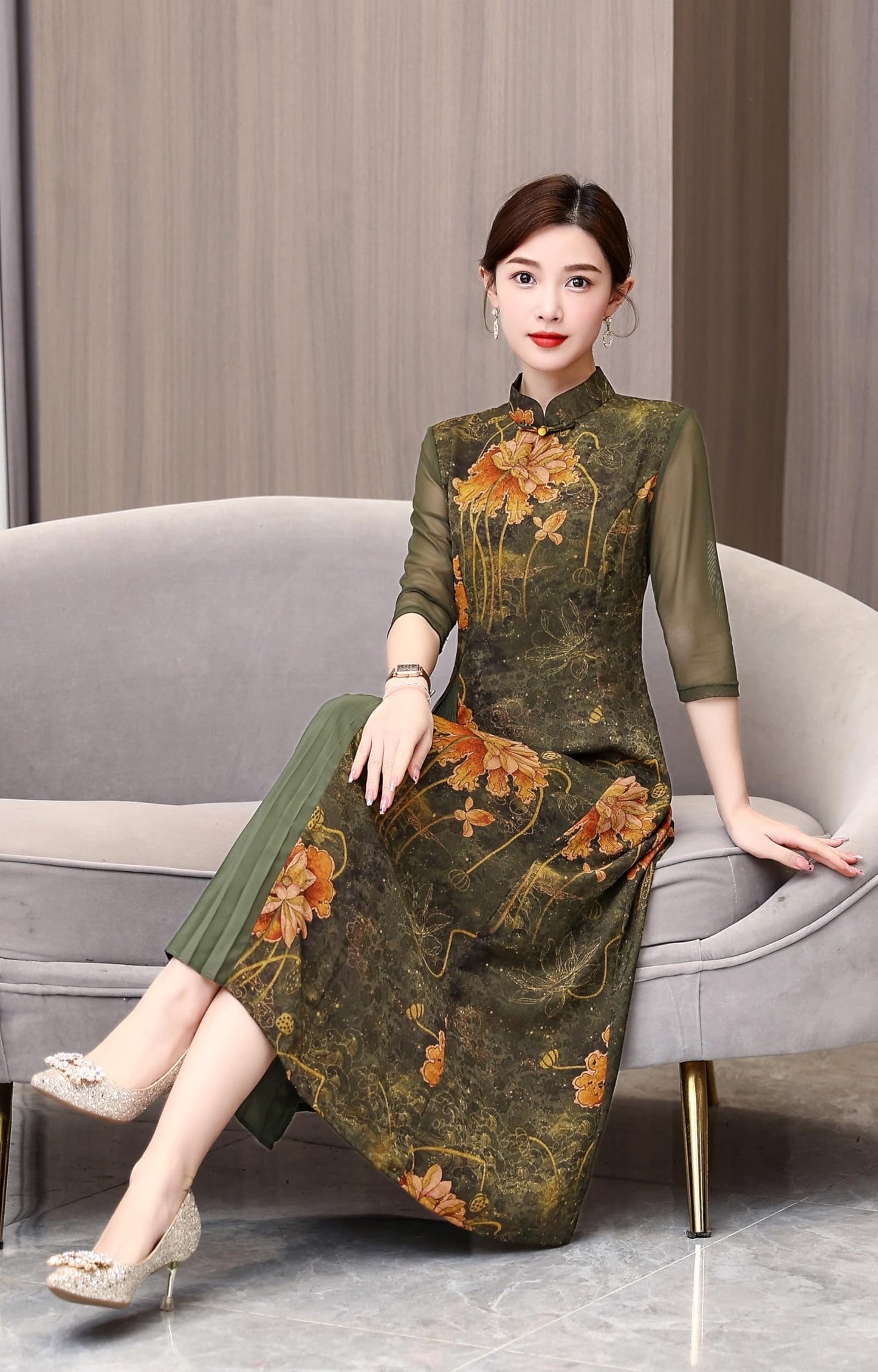 DOVWOER Women's Cheongsam High Neck 3/4 Sleeves Mesh Patchwork Print Retro Midi Dress
