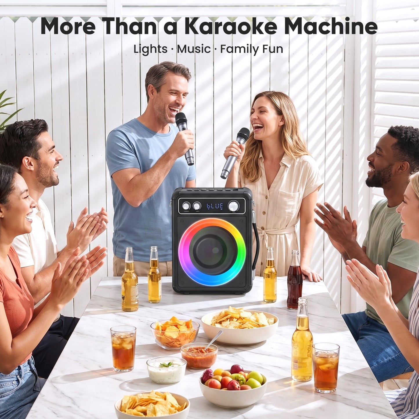 VOSOCO Karaoke Machine, Portable Bluetooth Speaker with 2 Wireless Microphones, PA System for Adults Kids with LED Lights, Supports TWS/FM/AUX/USB/TF for Home Party