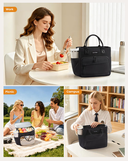 LOVEVOOK Insulated Lunch Box for Women, Leak-Proof Cooler Lunch Bag with Front Pockets, Adjustable Strap, Ideal for for Office, Work & Picnic
