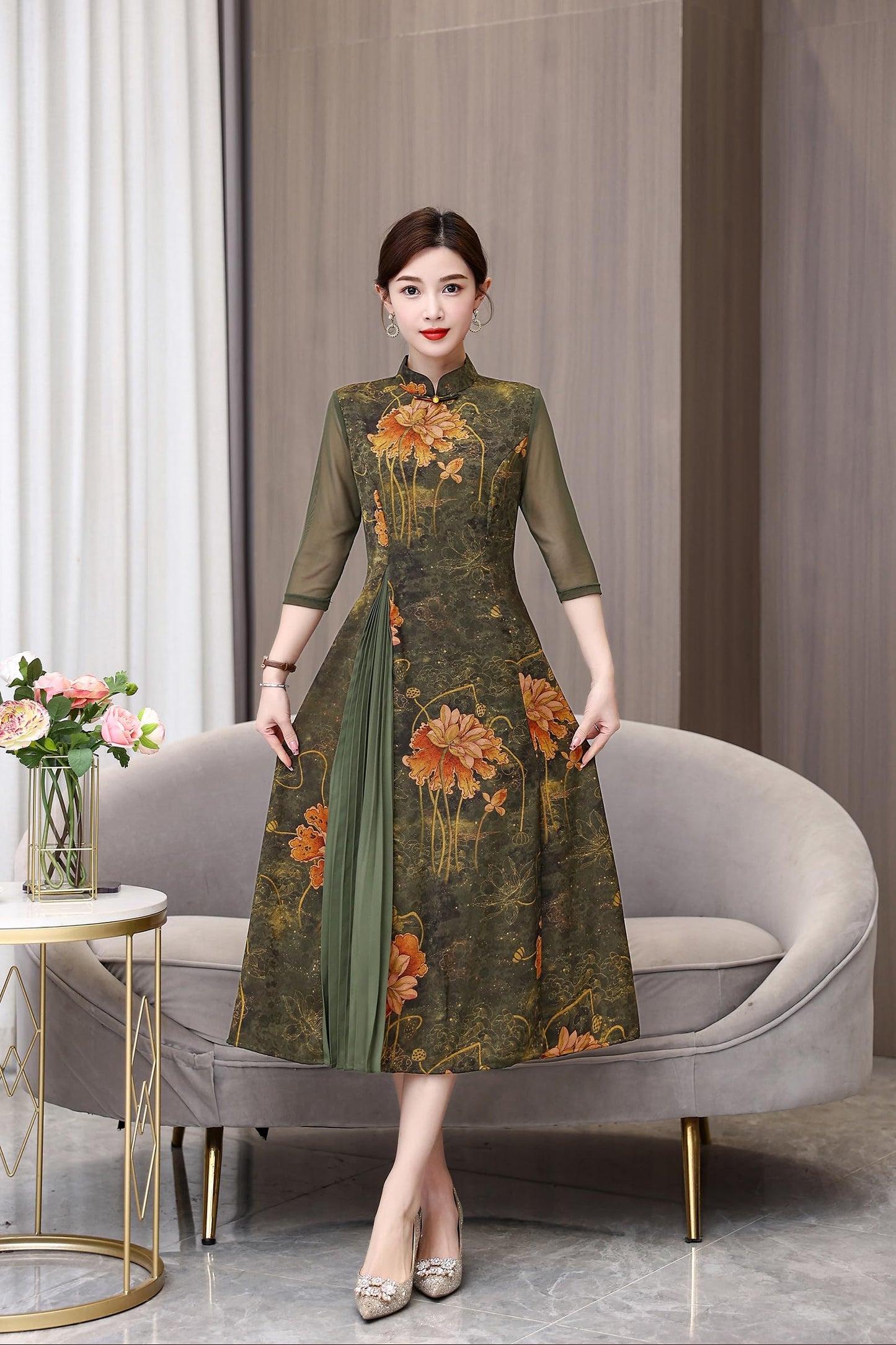 DOVWOER Women's Cheongsam High Neck 3/4 Sleeves Mesh Patchwork Print Retro Midi Dress
