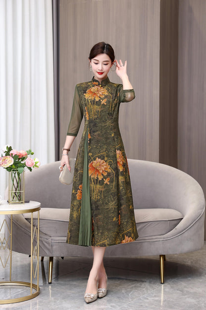 DOVWOER Women's Cheongsam High Neck 3/4 Sleeves Mesh Patchwork Print Retro Midi Dress