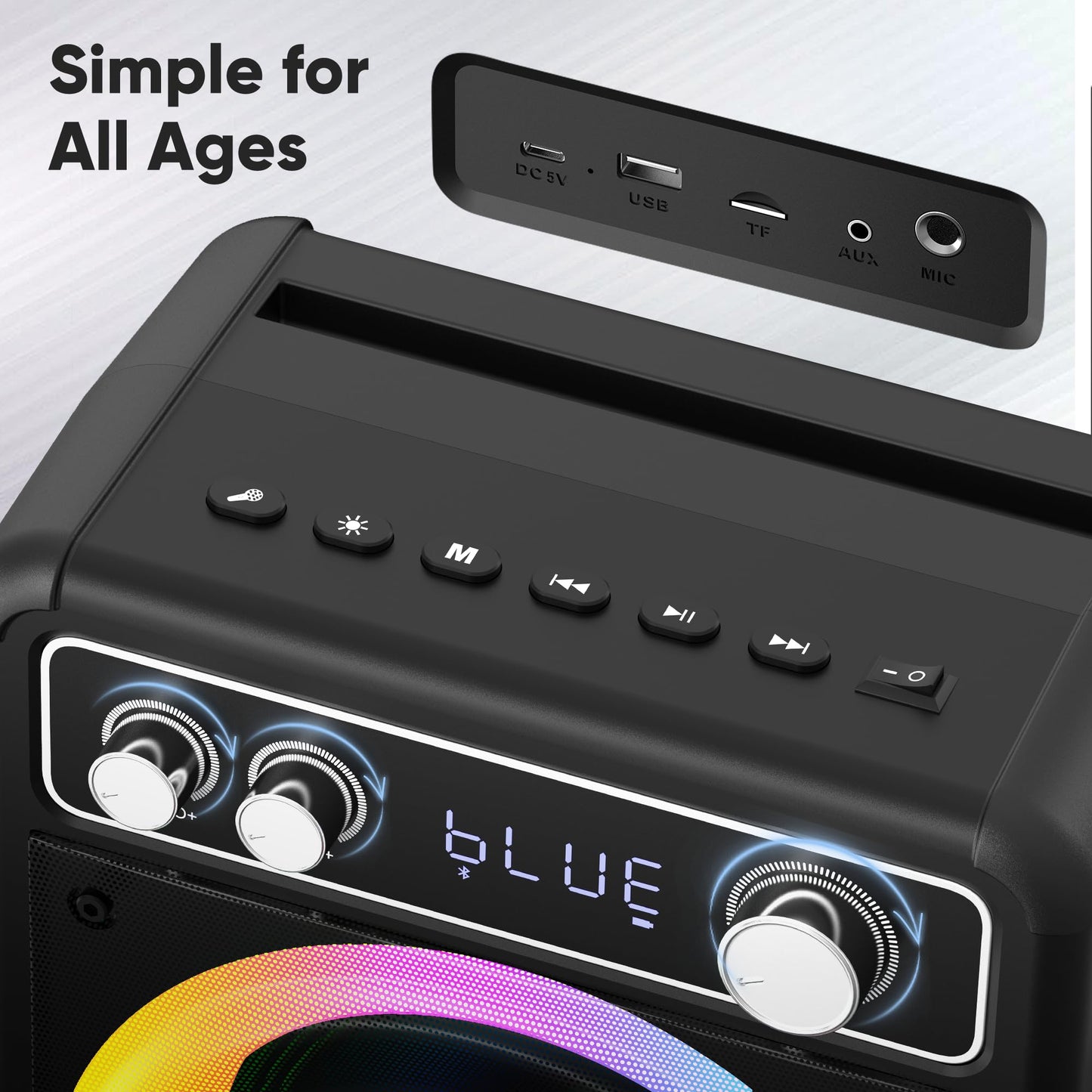 VOSOCO Karaoke Machine, Portable Bluetooth Speaker with 2 Wireless Microphones, PA System for Adults Kids with LED Lights, Supports TWS/FM/AUX/USB/TF for Home Party
