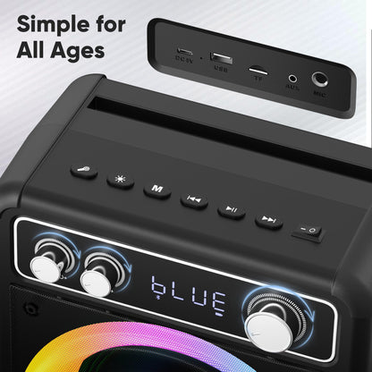 VOSOCO Karaoke Machine, Portable Bluetooth Speaker with 2 Wireless Microphones, PA System for Adults Kids with LED Lights, Supports TWS/FM/AUX/USB/TF for Home Party