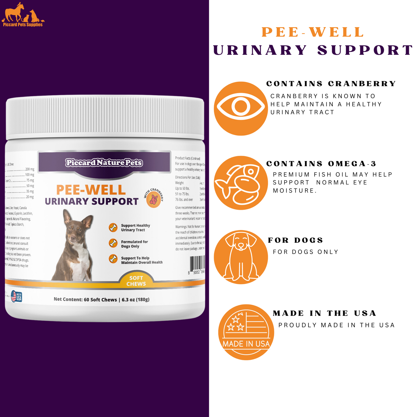 PiccardNaturePets Pee-Well Urinary Bladder Support Kunyahan Lunak untuk Anjing 60 Hitungan