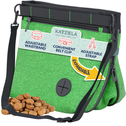 Katziela Expandable Pet Treat Pouch - Hands Free Dog Treat Pouch, Quick Access Magnet Closure - Anti Spill Dog Treat Bag - Treat Pouches for Pet Training, Adjustable Shoulder Strap & Belt Clip