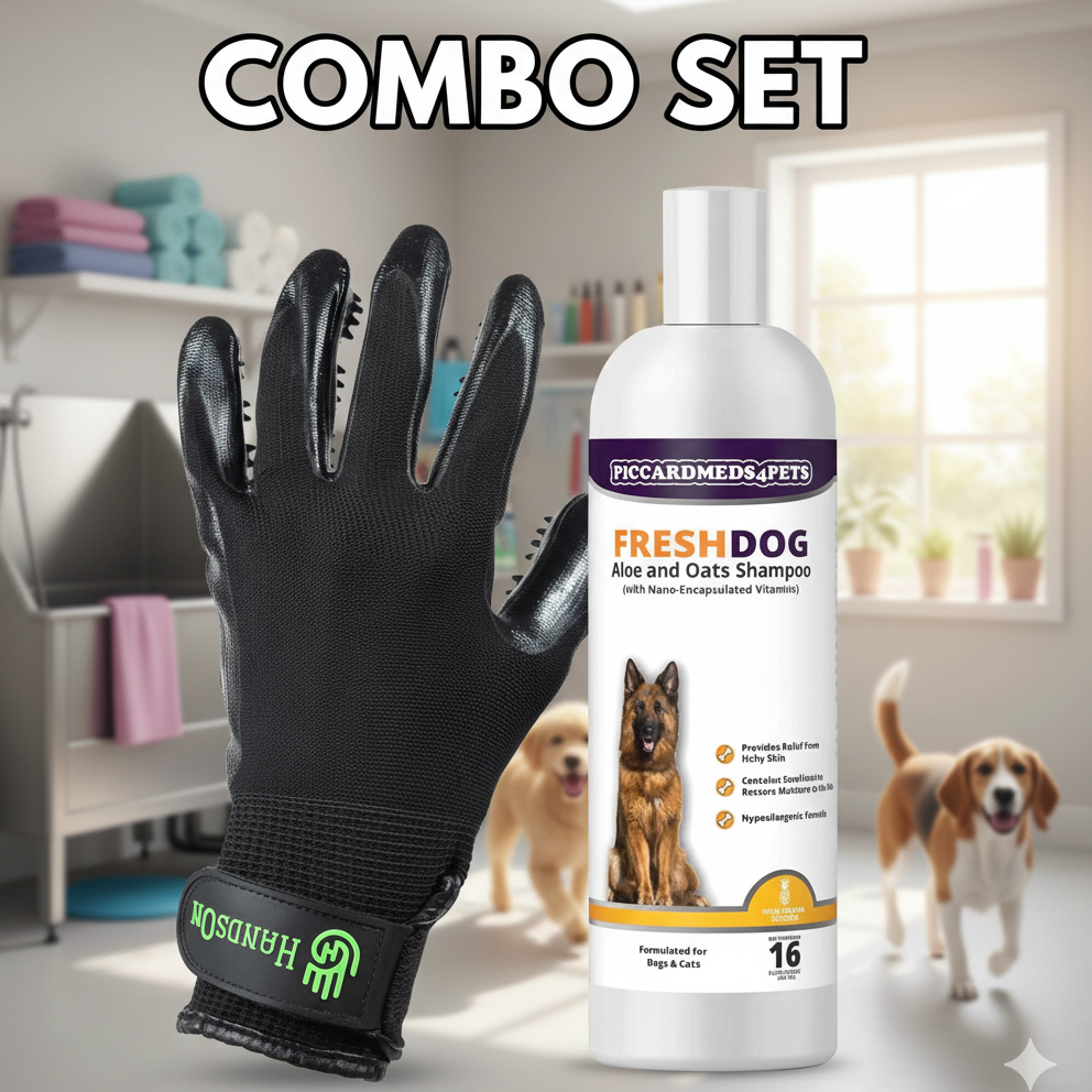 Sampo Anjing Piccardmeds4pets Aloe Oats 16oz + Sarung Tangan Grooming HandsOn Ukuran S Kit Lengkap