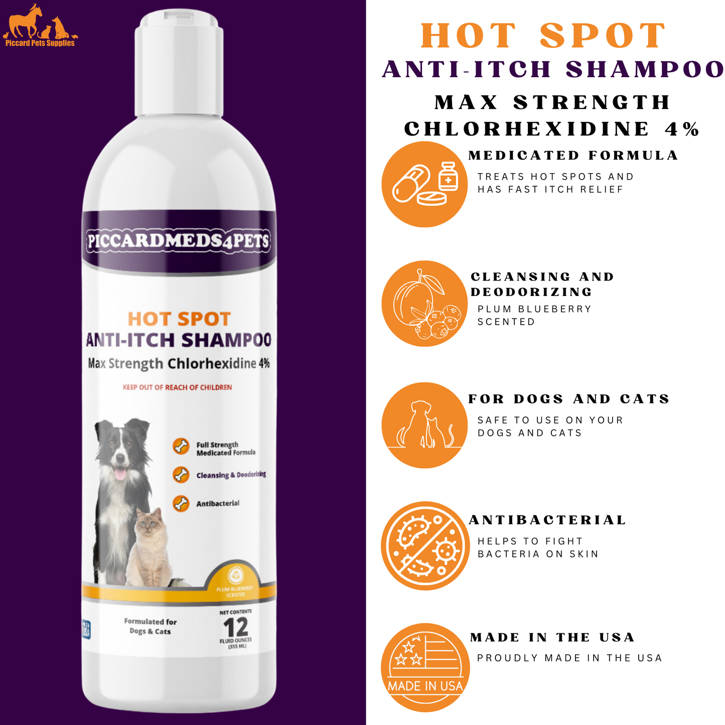 Sampo Anjing Piccardmeds4pets Hot Spot Anti-Gatal Kekuatan Maksimal Klorheksidin 4% 355 ml