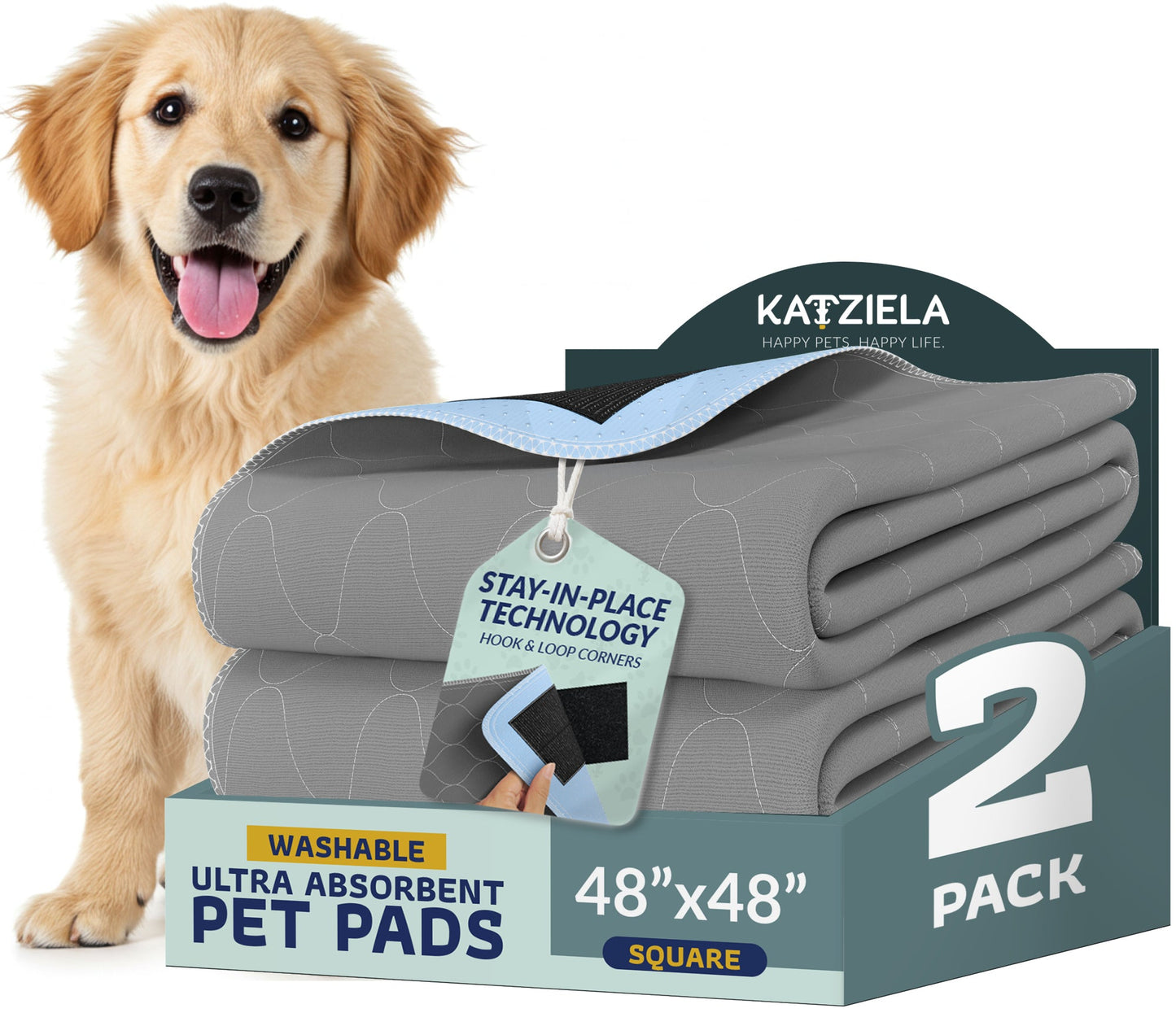 Katziela Quick-Drying Washable Pee Pads for Dogs With Hook & Loop Rectangular