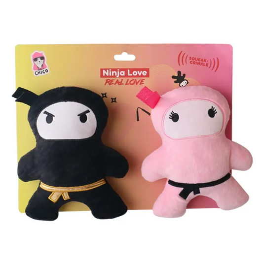 Set Hadiah Mainan Anjing Mewah Ninja Pink & Hitam – dengan Squeaker & Kertas Berkerut untuk Bermain Seru