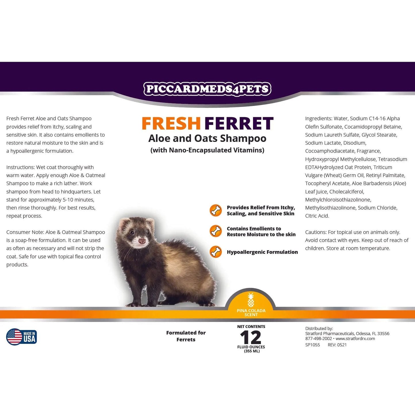 Piccardmeds4pets Shampo Aloe dan Oat Segar untuk Ferret 12 oz. + Bandana GRATIS!