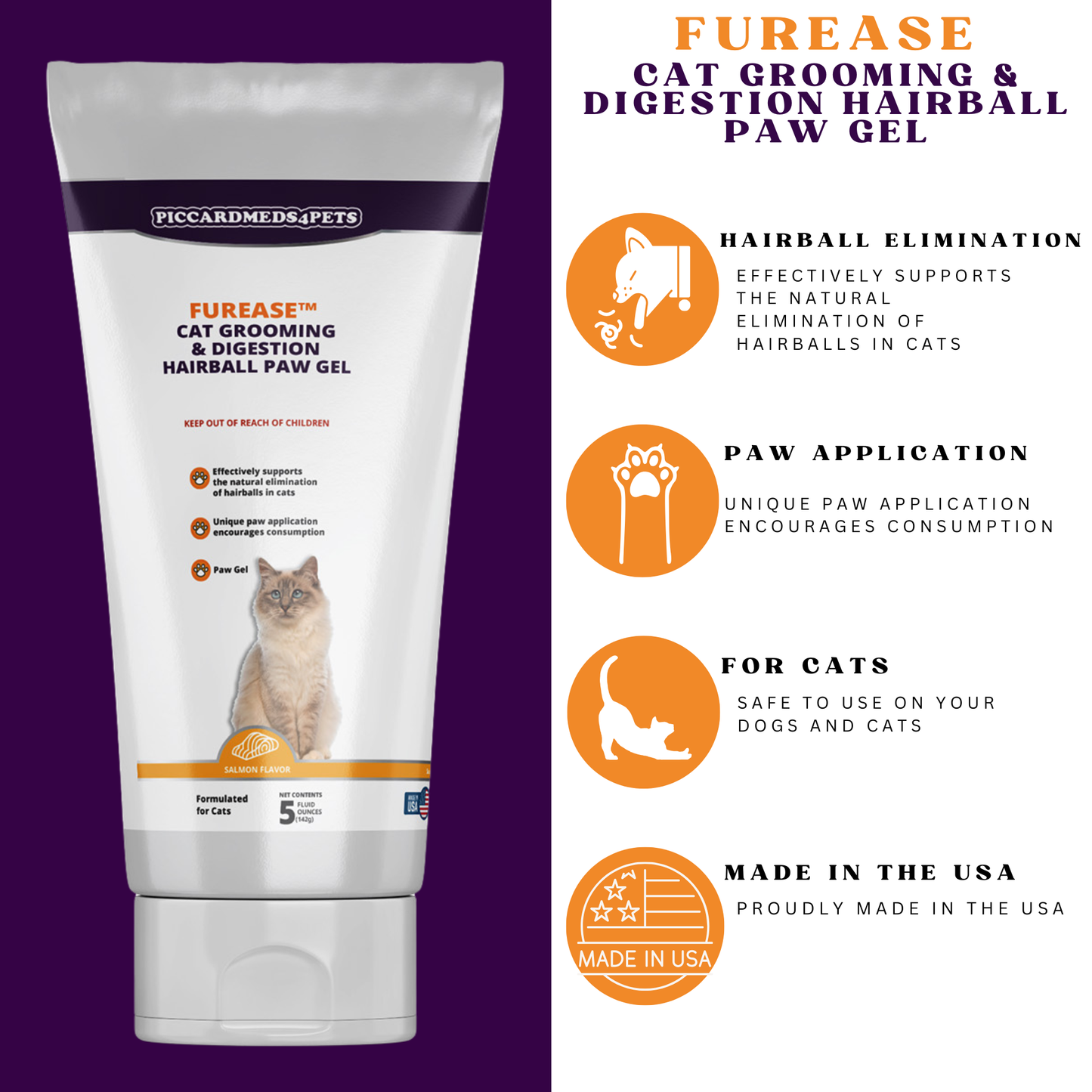 Piccardmeds4pets FurEase Cat Grooming & Digestion Hairball Paw Gel 5 oz.