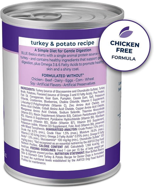 Blue Buffalo Basics Adult Grain-Free Turkey & Potato, Makanan Anjing Basah Diet Bahan Terbatas (12.5oz)