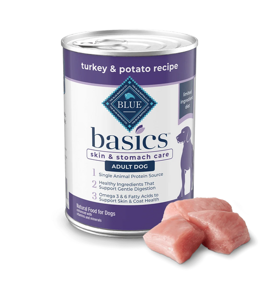 Blue Buffalo Basics Adult Grain-Free Turkey & Potato, Makanan Anjing Basah Diet Bahan Terbatas (12.5oz)