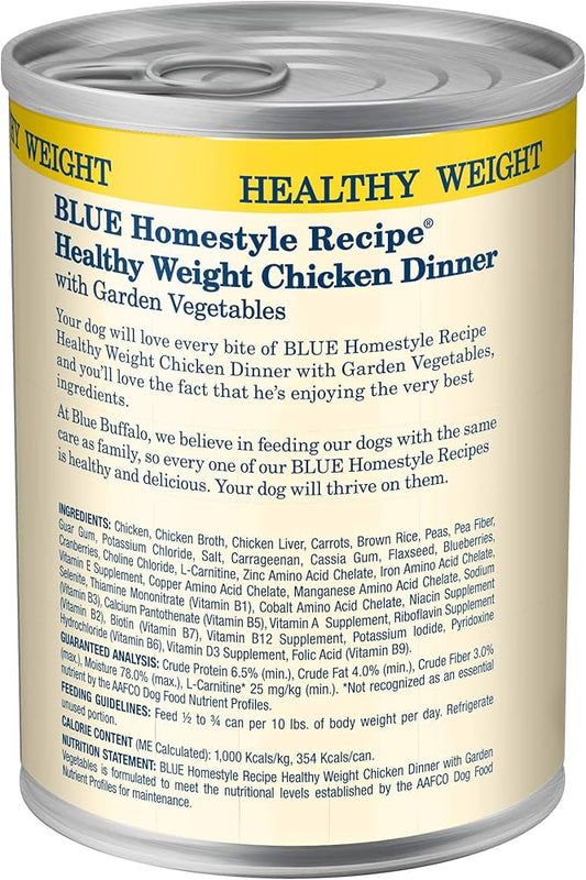 Blue Buffalo Adult Homestyle Healthy Weight Chicken dengan Sayuran Kebun Kaleng Makanan Anjing Basah (12.5oz)