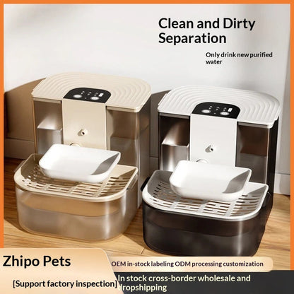 Thermostatically Controlled Plug-Free Pet Water Fountain With Automatic Tilting Feature Flowing Water