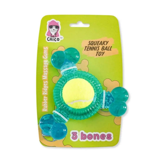Mainan Kunyah TPR 3-Tulang dengan Squeaker & Bola Tenis untuk Anjing – Bola Dapat Dilepas & Bermain Interaktif