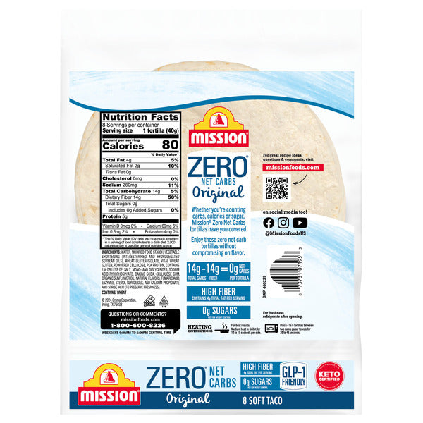 Mission Zero Net Carbs Original Flour Tortillas, Soft Taco Size, 8 Count