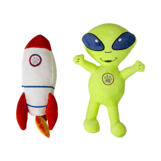 Set Hadiah Mainan Anjing Mewah Alien Luar Angkasa & Roket – dengan Squeaker & Kertas Berkeriut untuk Bermain Seru