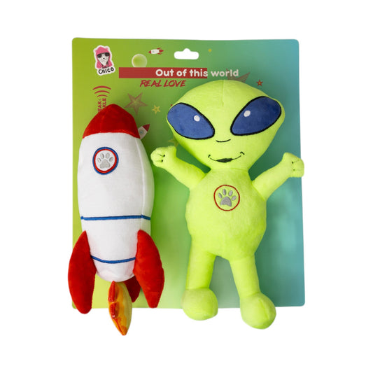 Set Hadiah Mainan Anjing Mewah Alien Luar Angkasa & Roket – dengan Squeaker & Kertas Berkeriut untuk Bermain Seru