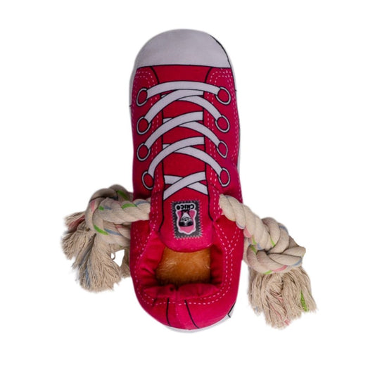 Mainan Anjing Squeaky Comfort Plush Sneaker – dengan Kompartemen Camilan, Aman & Tahan Lama – Merah Muda